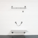 A wall-mounted metal wire shelf and a matching horizontal shelf rail with wall brackets, shown against a white paneled wall above a dark floor.