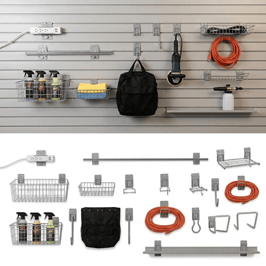 A wall-mounted utility organizer set shown installed on a gray slatwall above, with the same components displayed separately below on a white background. The set includes metal hooks, wire baskets, shelves, hose reel, power strip, spray bottles, a black bag, and other mounting hardware.
