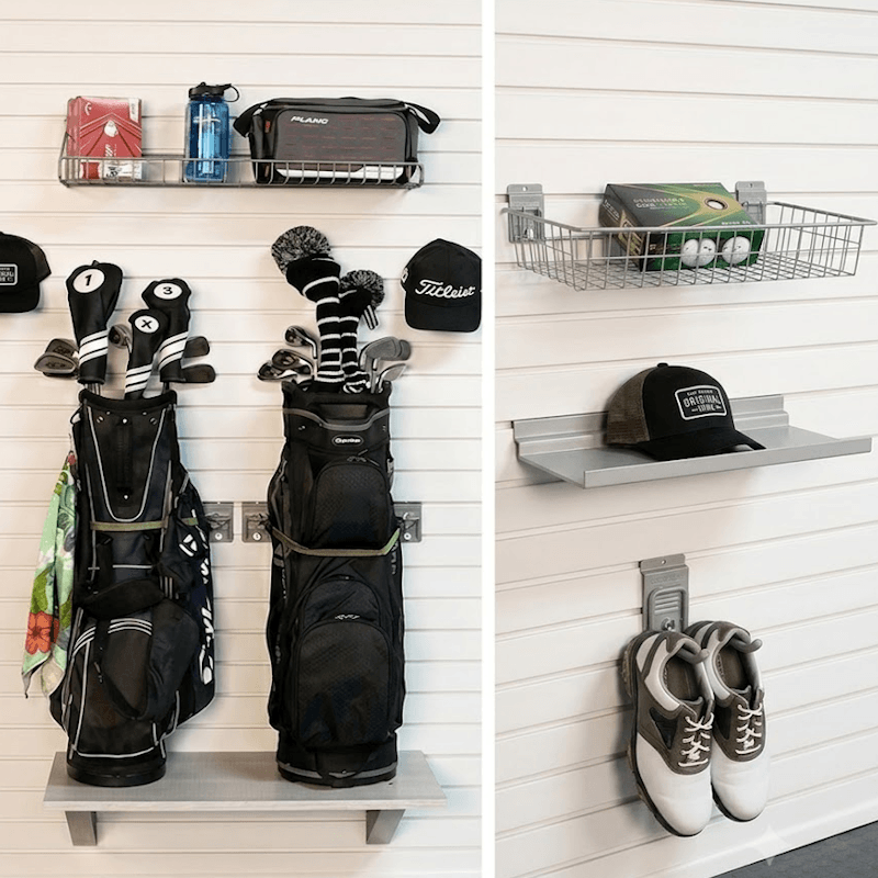 A split view showing a wall-mounted golf accessory storage system. The left side shows two black golf bags with clubs, a metal wire basket holding a golf box and golf balls, and a black cap on a shelf.