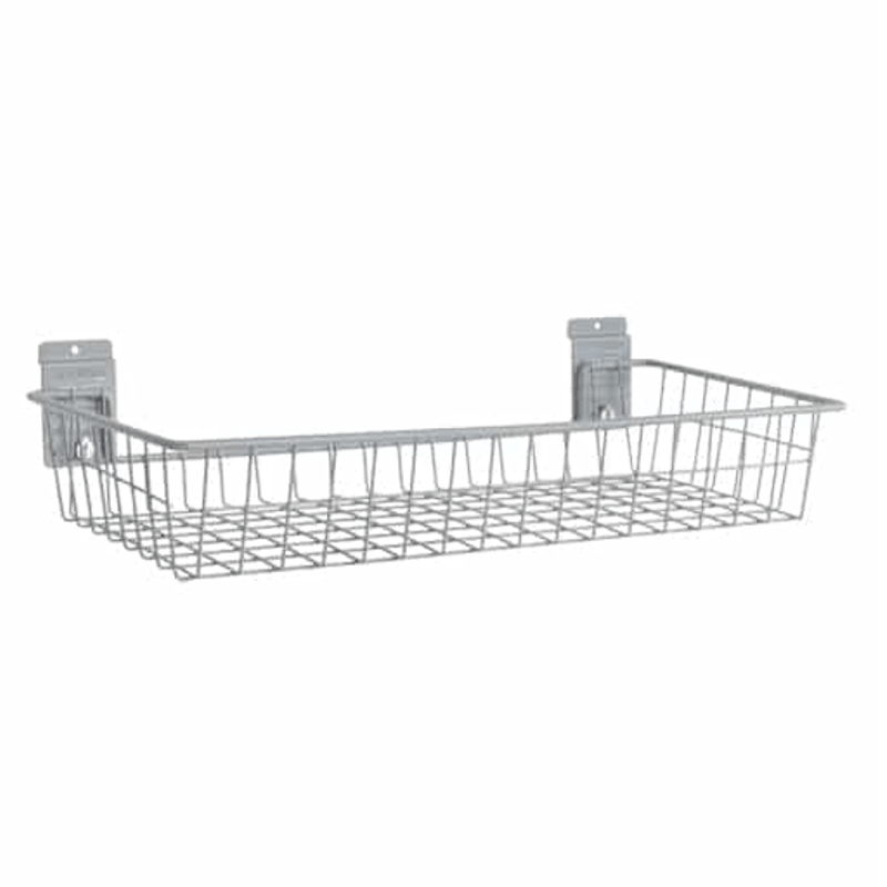 A silver metal wire storage basket with two wall mounting brackets, shown against a plain white background.