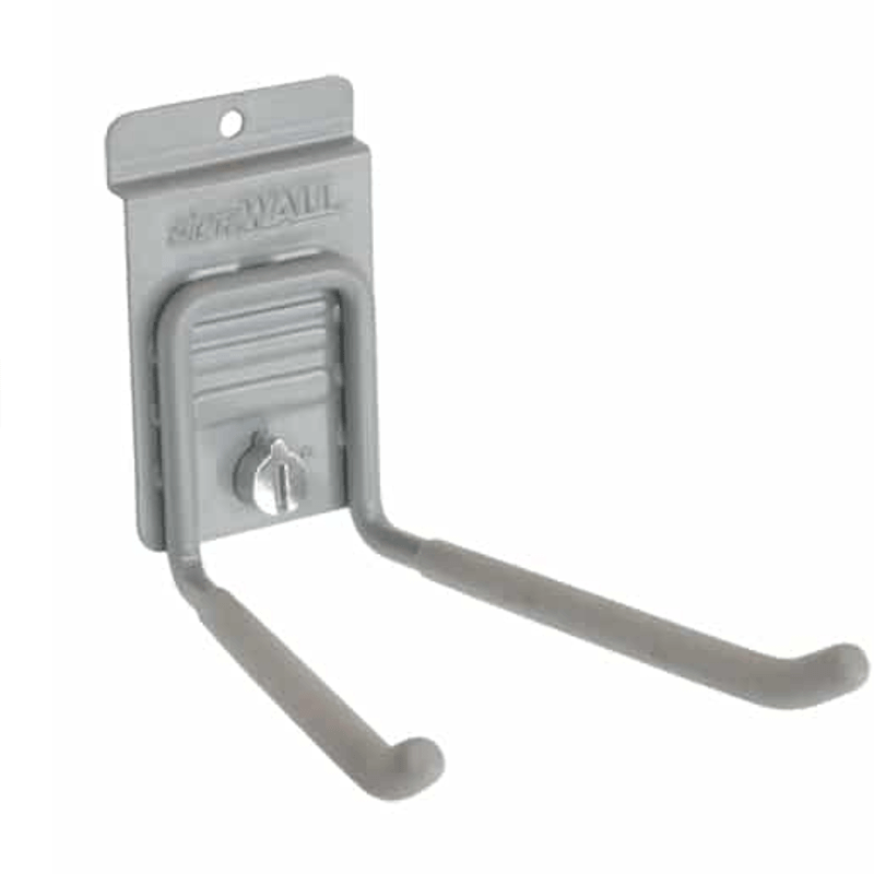 A gray plastic wall-mounted storage hook with a metal mounting bracket and a small silver dial, shown on a plain white background.