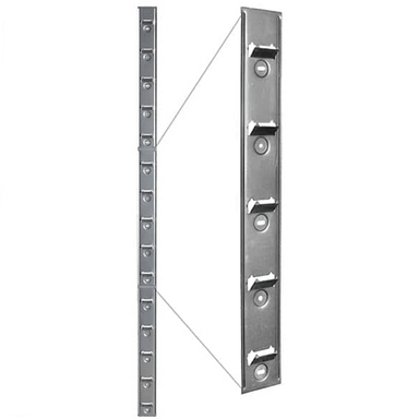 A silver metal wall mounting bracket shown from two angles on a plain white background, with a vertical backplate and a horizontal mounting strip connected by thin guide lines.