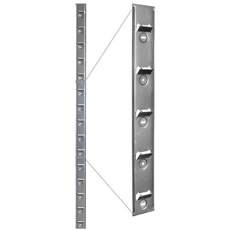A silver metal wall mounting bracket shown from two angles on a plain white background, with a vertical backplate and a horizontal mounting strip connected by thin guide lines.
