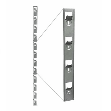 A metal wall mounting bracket assembly shown on a plain white background, with a vertical receiver plate on the right and a horizontal mounting strip on the left connected by thin guide lines.