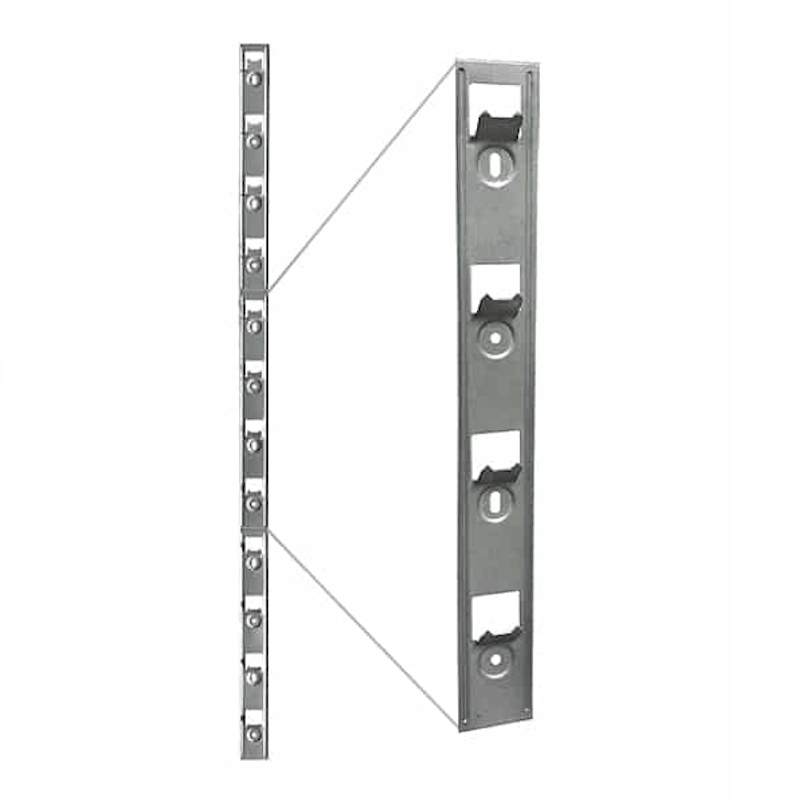 A metal wall mounting bracket assembly shown on a plain white background, with a vertical receiver plate on the right and a horizontal mounting strip on the left connected by thin guide lines.