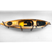 A sit-on-top kayak with a brown and gold wood-grain pattern and a bright yellow interior, mounted on a black wall rack against a white garage door.