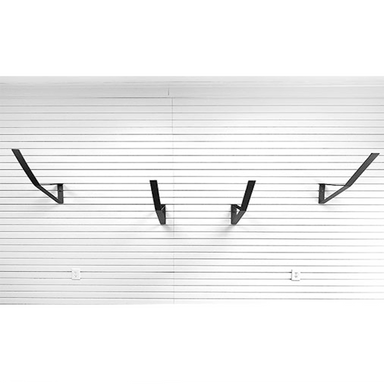 Four black metal wall hooks mounted on a white slatwall panel.