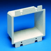 A white plastic electrical junction box or terminal block frame, photographed on a blue gradient background.