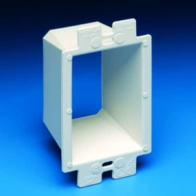 A white plastic electrical junction box or outlet housing, shown from a three-quarter angle against a blue gradient background.