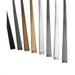 Six long, narrow metal or wood trim pieces shown upright on a plain white background, in black, dark gray, tan, light wood, silver, and white finishes.