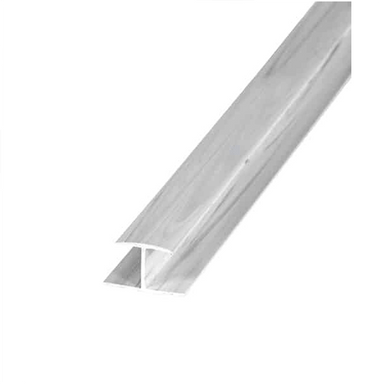 A long, narrow silver metal channel or trim piece with a hollow center and rounded top edge, shown diagonally on a plain white background.