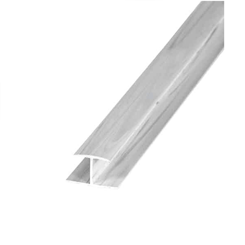 A long, narrow silver metal channel or trim piece with a hollow center and rounded top edge, shown diagonally on a plain white background.