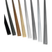 Six long, narrow metal or wood trim profiles shown standing upright on a white background, in black, dark gray, medium brown, light natural wood, silver, and gray.