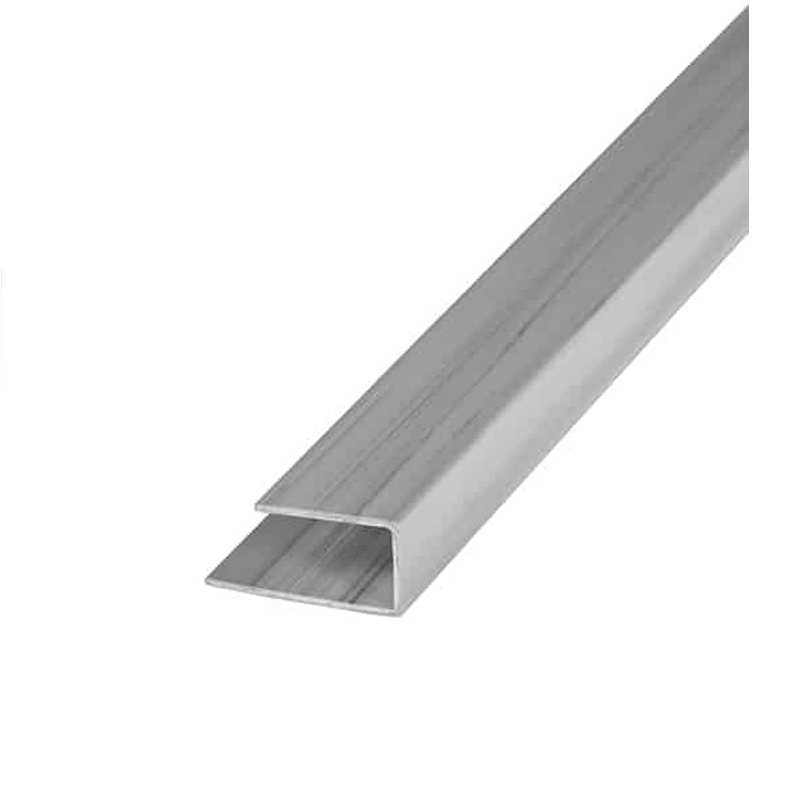 A long, straight silver metal channel tube with a hollow U-shaped cross-section, shown diagonally on a plain white background.