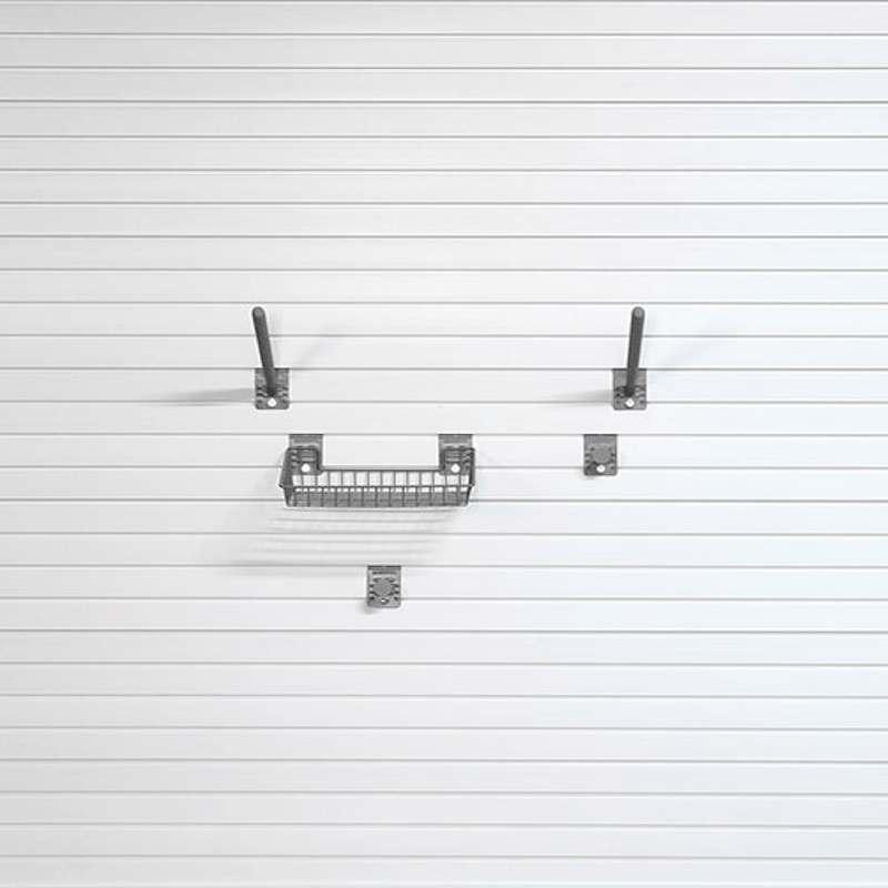Four silver metal wall hooks or pegs arranged on a white slatted wall, including two upright hooks, one horizontal basket-style hook, and one small square hook.