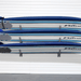 Three blue and white stand-up paddleboards mounted on a wall rack against a white paneled wall.