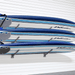 Three blue and white stand-up paddleboards mounted on a white slatted wall rack. The boards feature the brand name 'WaveStream' printed in black on their sides.