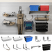 Wall-mounted storage organizer shown installed on a slatwall, with baskets, hooks, shelves, and hanging gear, plus a bottom strip showing individual included hardware pieces on a white background.