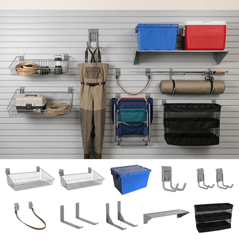 Wall-mounted storage organizer shown installed on a slatwall, with baskets, hooks, shelves, and hanging gear, plus a bottom strip showing individual included hardware pieces on a white background.