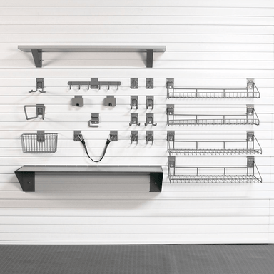 StoreWALL Heavy-Duty Lawn & Garden Slatwall System showing the accessories you can use for wall storage in a garage, showing baskets, hooks, shelves, and more.