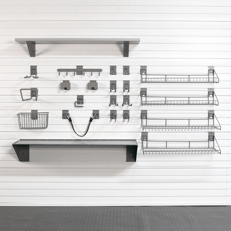 StoreWALL Heavy-Duty Lawn & Garden Slatwall System showing the accessories you can use for wall storage in a garage, showing baskets, hooks, shelves, and more.