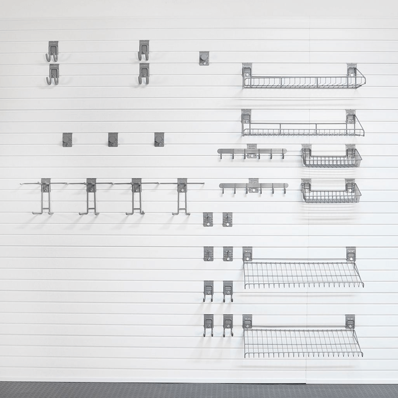 StoreWALL Heavy-Duty Winter Sports Slatwall System Skiing sport showing the baskets, hooks and more for this pre-built slatwall system