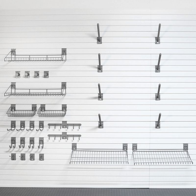 StoreWALL Heavy-Duty Winter_Sports Slatwall System Snowboarding showing the snowboard holder and hooks and baskets for this all in one slatwall system