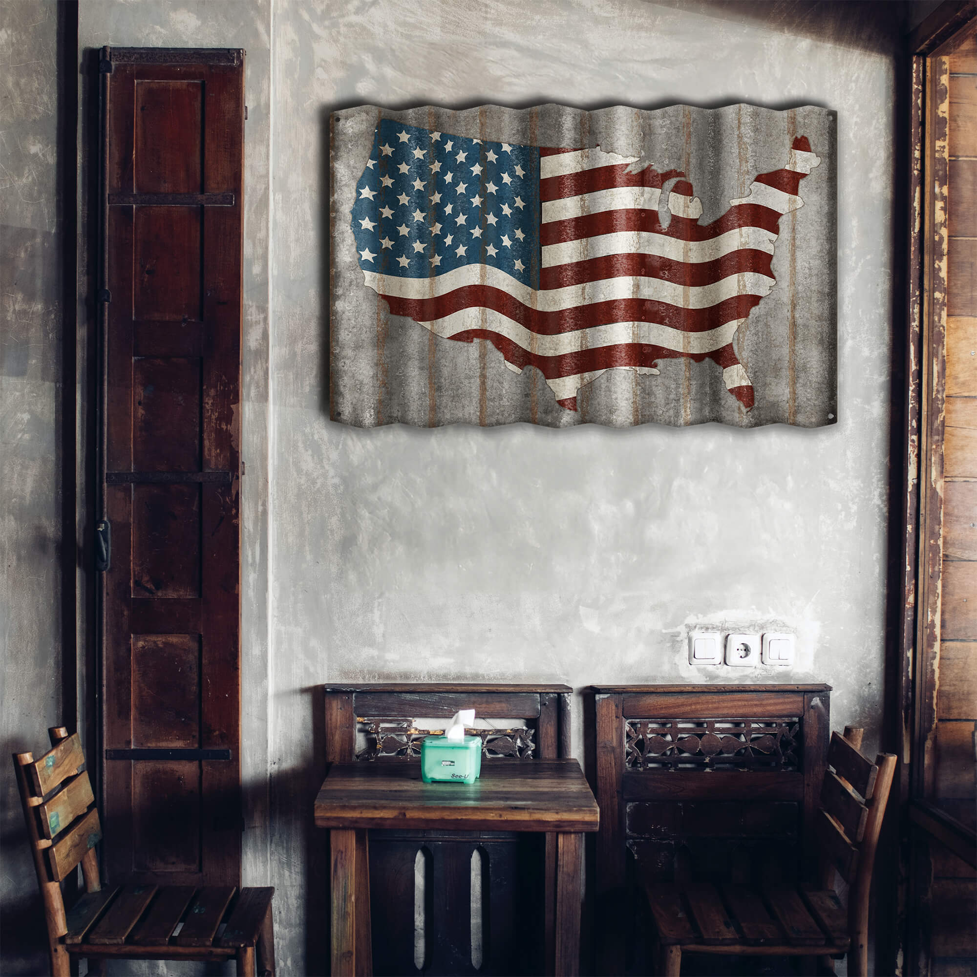 Vintage USA Map | Corrugated Metal American Flag Art in an old bedroom