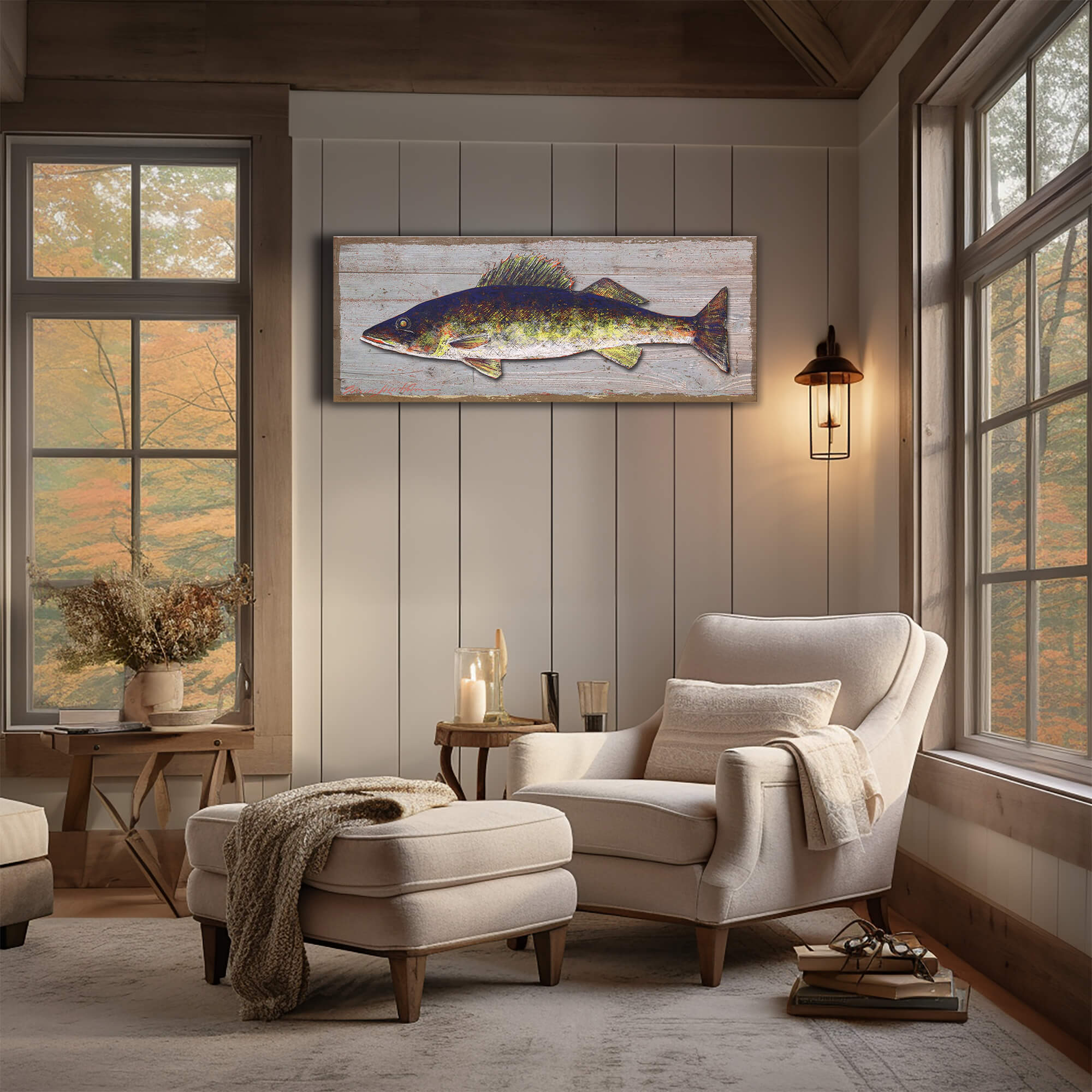 Walleye Wall Art | Metal on Wood Panelin a living room