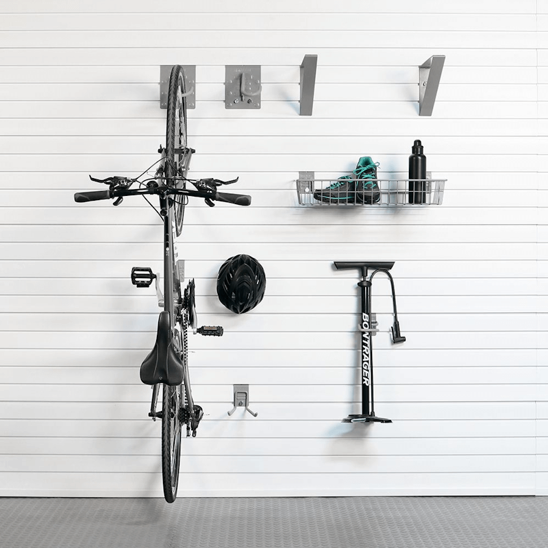 Basic storage display showing a single bike mounted on the wall with essential hooks for quick and easy access to cycling accessories.
