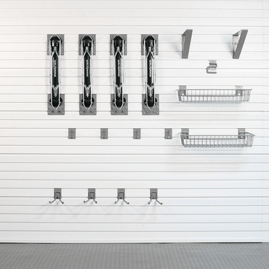 48-piece Deluxe Bike Bundle configuration showing all hooks and brackets for full wall setup.