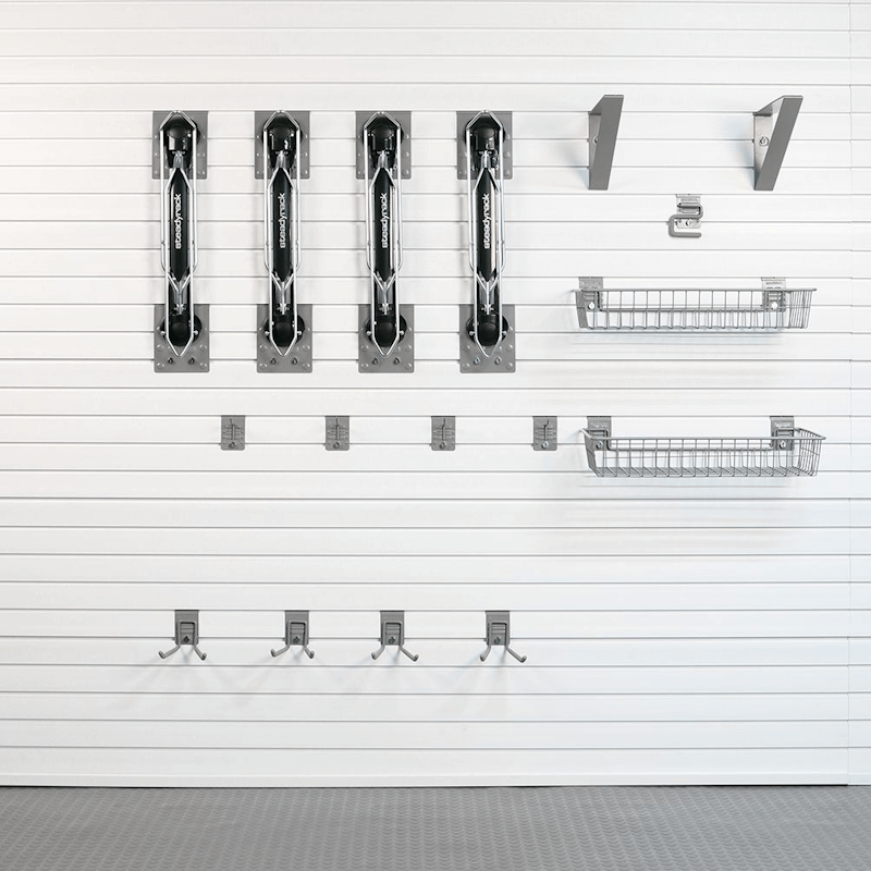 48-piece Deluxe Bike Bundle configuration showing all hooks and brackets for full wall setup.
