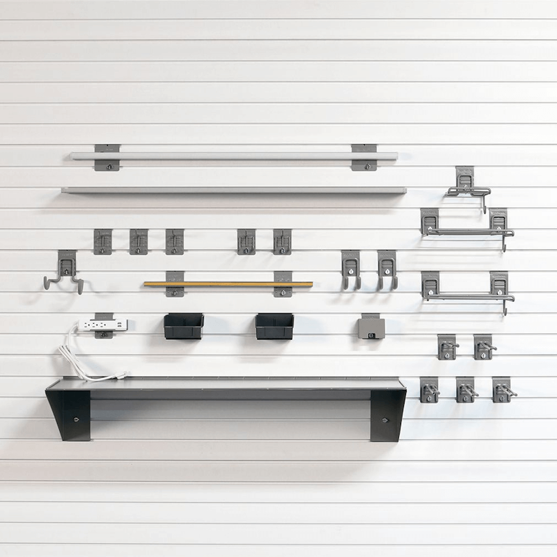 Deluxe Tool Storage Kit showing all components: integrated lighting, power strip, magnetic bar, tool brackets, and various shelving components.
