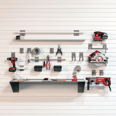 Staged high-end workshop display showing integrated power tools, organized hand tools, and illumination from the 4ft tube light.