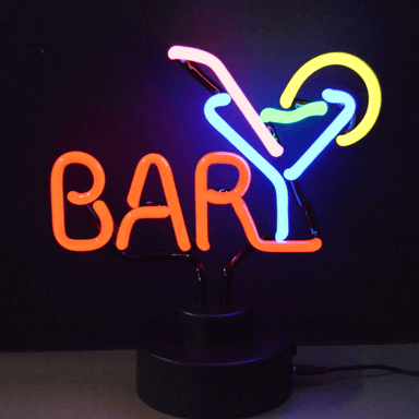 Neonetics Bar Martini neon sculpture featuring multi-colored hand-blown glass neon tubes on a black base.