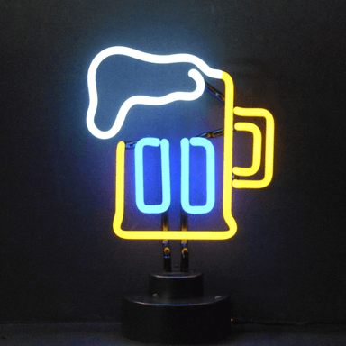 Neonetics Beer Mug neon sculpture featuring yellow, white, and blue hand-blown glass neon on a black base.