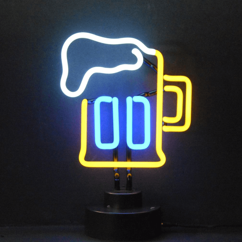 Neonetics Beer Mug neon sculpture featuring yellow, white, and blue hand-blown glass neon on a black base.
