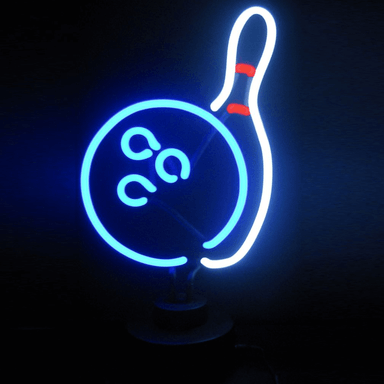Neonetics Bowling neon sculpture featuring blue and white hand-blown glass neon on a black base.