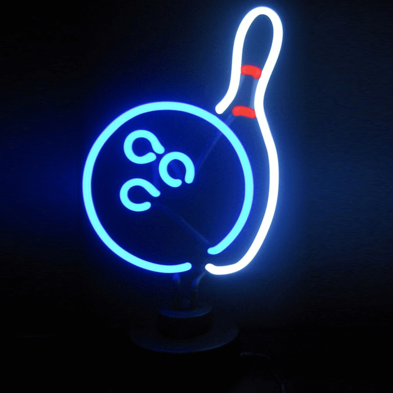 Neonetics Bowling neon sculpture featuring blue and white hand-blown glass neon on a black base.
