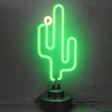Neonetics Cactus neon sculpture featuring vibrant green hand-blown glass neon on a black base.