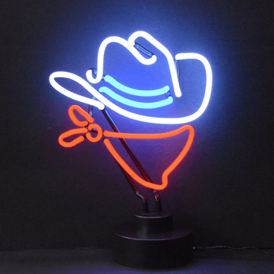 Neonetics Cowboy neon sculpture featuring white, blue, and orange hand-blown glass neon on a black base.