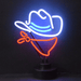 Neonetics Cowboy neon sculpture featuring white, blue, and orange hand-blown glass neon on a black base.
