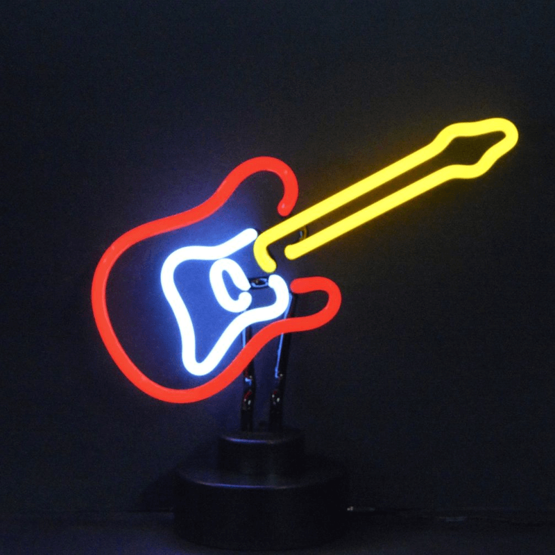 Neonetics Electric Guitar neon sculpture featuring red, yellow, and white hand-blown glass neon on a black base.