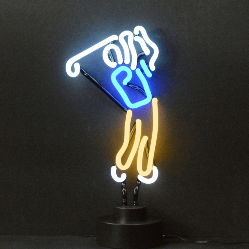 Neonetics Golfer neon sculpture featuring blue, white, and yellow hand-blown glass neon on a black base.