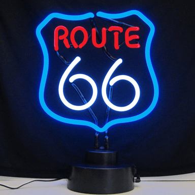 Neonetics Route 66 neon sculpture featuring red, white, and blue hand-blown glass neon on a black base.