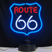 Neonetics Route 66 neon sculpture featuring red, white, and blue hand-blown glass neon on a black base.