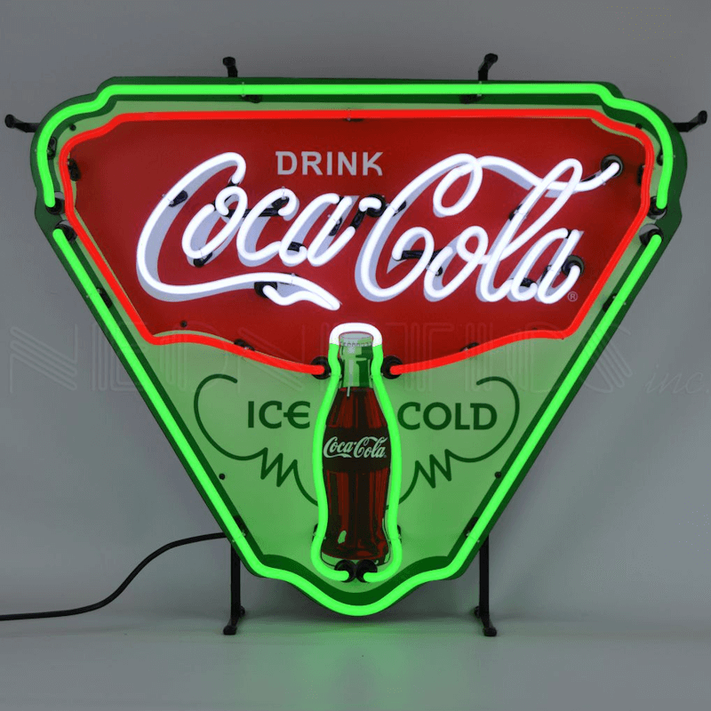 Neonetics Coca-Cola Ice Cold Shield neon sign with white and green hand-blown glass neon over a full-color logo background.