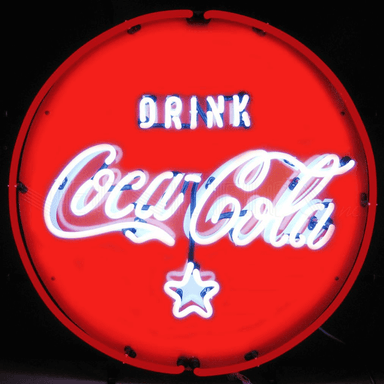 Neonetics Coca-Cola Red White and Coke neon sign featuring white hand-blown glass neon over a classic red circular logo.