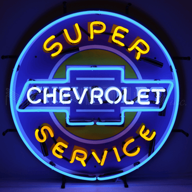 Neonetics Super Chevrolet Service neon sign with blue and yellow hand-blown glass neon over a full-color logo background dark showing off the neon lighting
