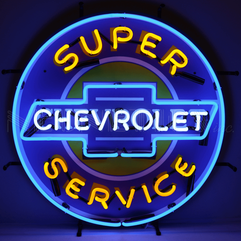 Neonetics Super Chevrolet Service neon sign with blue and yellow hand-blown glass neon over a full-color logo background dark showing off the neon lighting